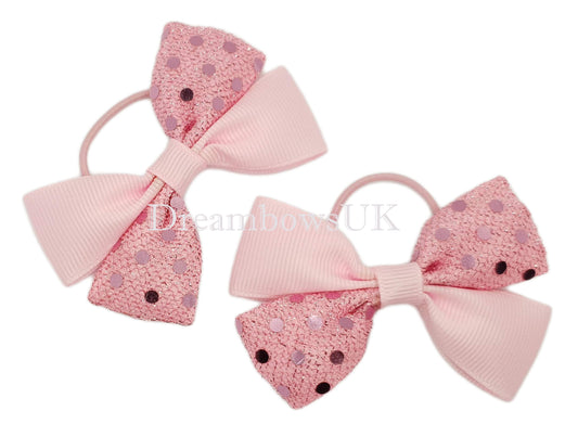 Baby pink diamante hair bows on thin bobbles