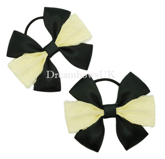 Black and cream lace hair bows, thin hair ties