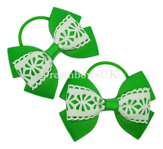 Green and white hair bows, thin bobbles, green hair ties