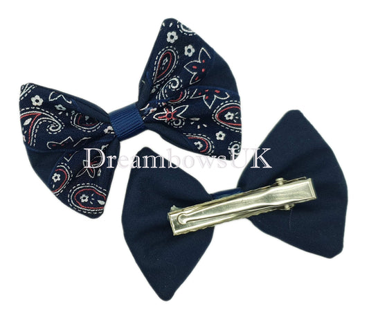 Navy Blue Paisley Hair Bows on Alligator Clips – Pair (7cm x 5cm)