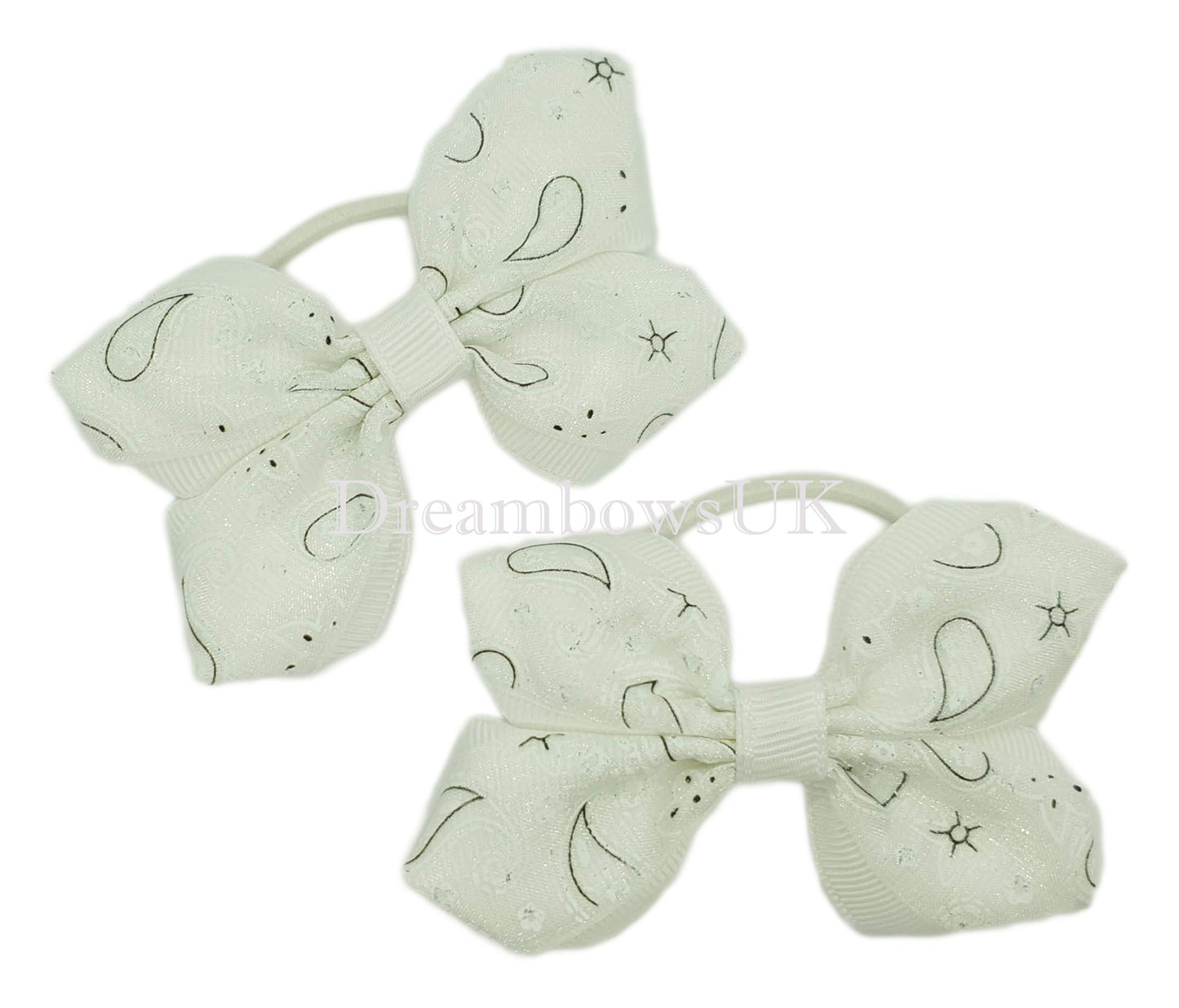 White hair bows, paisley hair accessories, thin bobbles