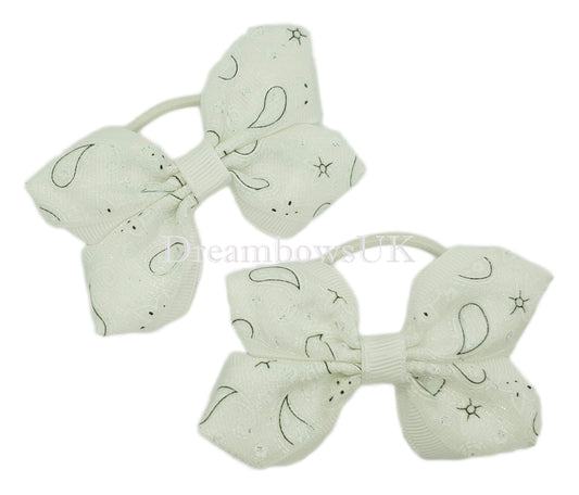 White hair bows, paisley hair accessories, thin bobbles