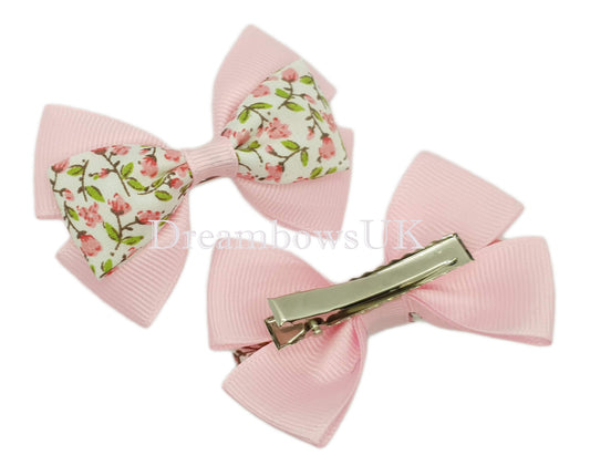 Baby pink floral hair bows on alligator clips