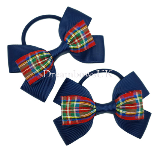 Navy blue and red Royal Stewart tartan hair bows on thick bobbles