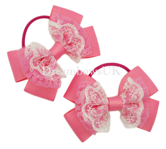 Bright Pink and White Lace and Grosgrain Ribbon Hair Bows on Thin Bobbles