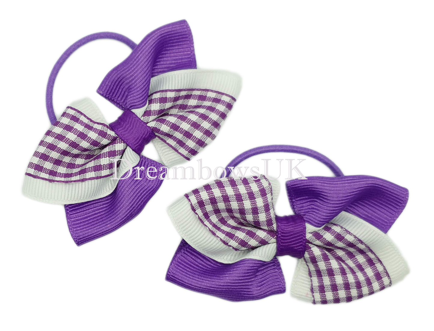 purple gingham hair bows on thin bobbles