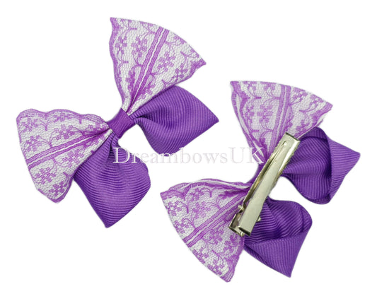 Elegant Purple and White Lace Hair Bows – Alligator Clips