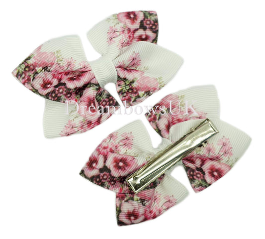 Pink and white bows, floral hair clips