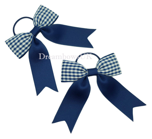 Navy blue gingham hair bows on thin bobbles 