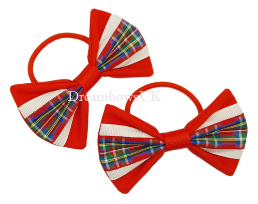 Red Royal Stewart Tartan Hair Bows on Thick Bobbles – Pair (9cm x 6cm)