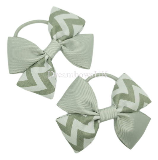 Silver and White Chevron Design Hair Bows on Thick Bobbles - Pair