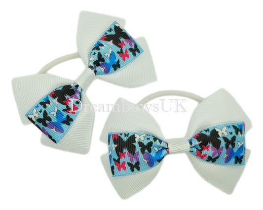 Blue and white butterfly design bows, thin hair elastics