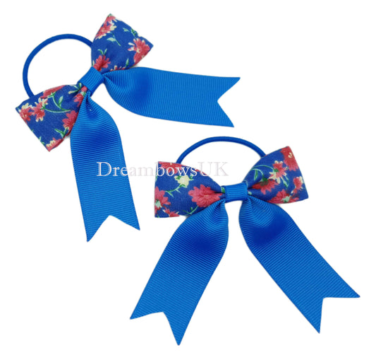 Regal Royal Blue and Pink Hair Bows – Exclusive 7cm x 7cm Pair on Thin Bobbles, Crafted for Her Unique Style