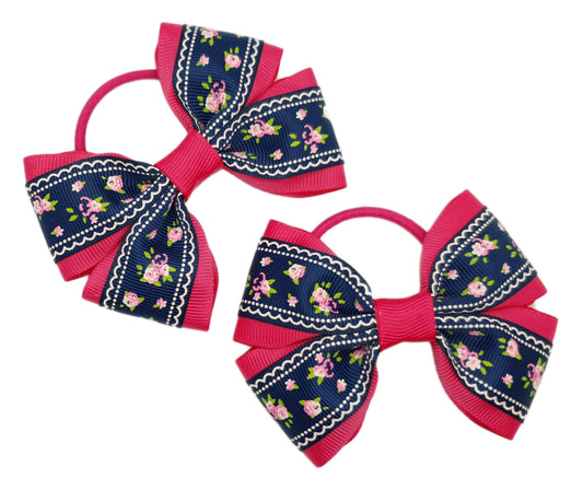 Navy Blue and Cerise Pink Floral Hair Bows – Thick Bobbles