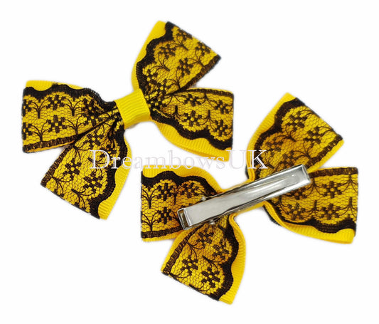 Lace hair bows, black and golden yellow bows, alligator clips