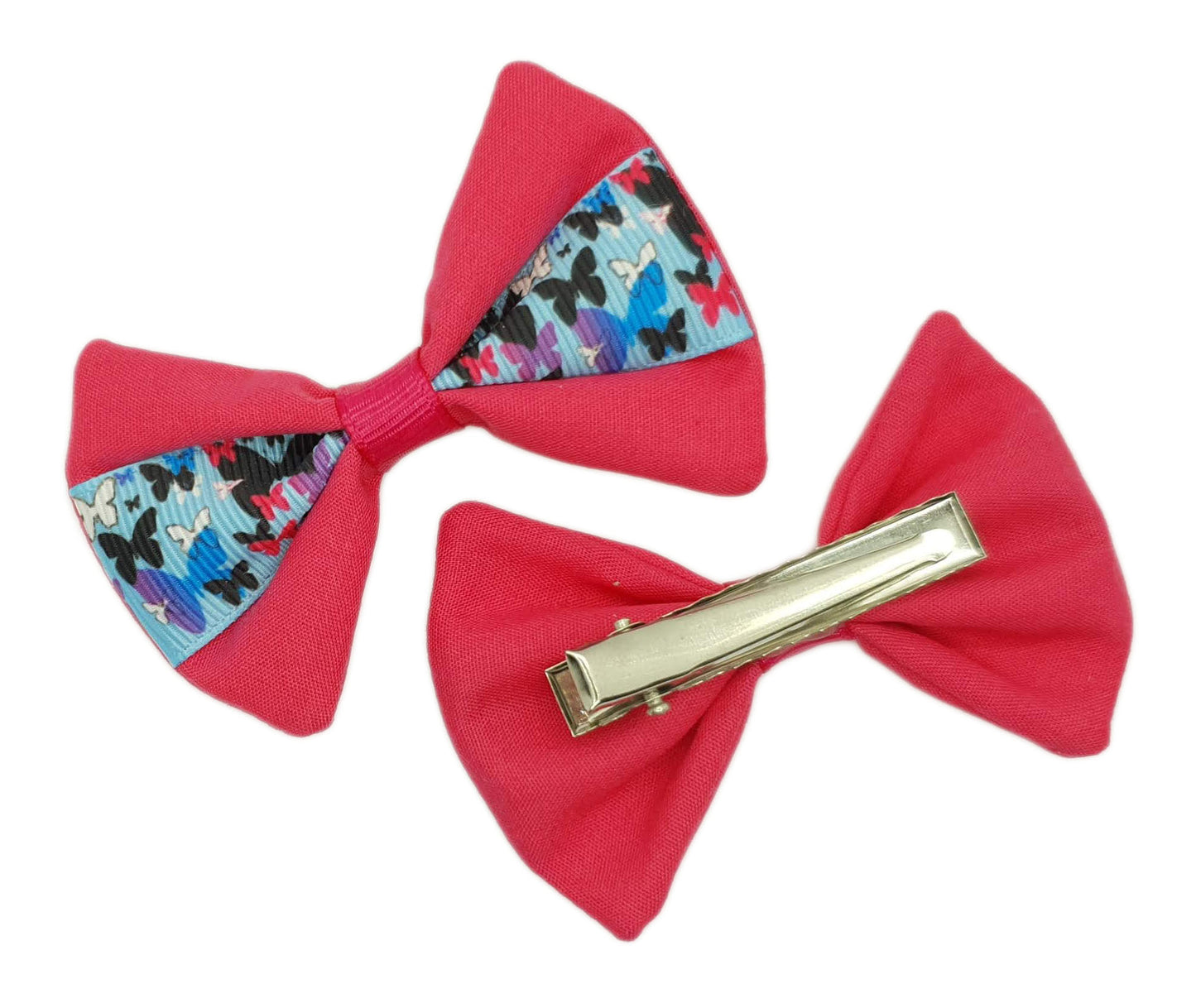 Cerise pink and blue butterfly hair bows – alligator clips