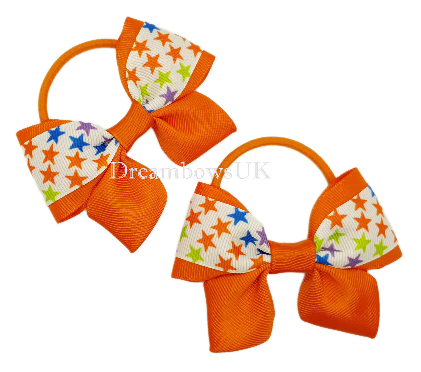 Colourful Stars Design Orange Hair Bows on Thick Bobbles