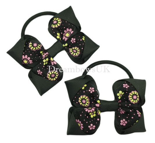 Black floral hair bows on thick bobbles