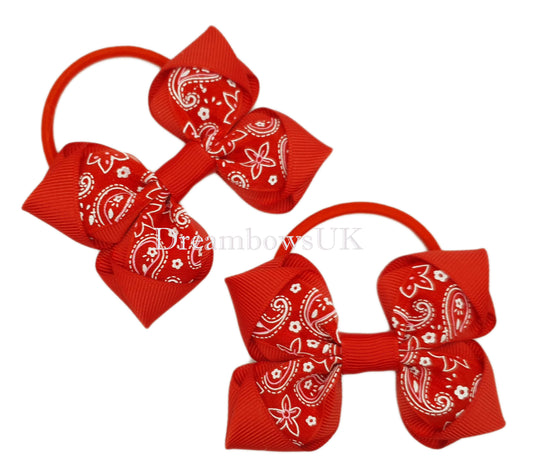 Red paisley hair bows on thick bobbles