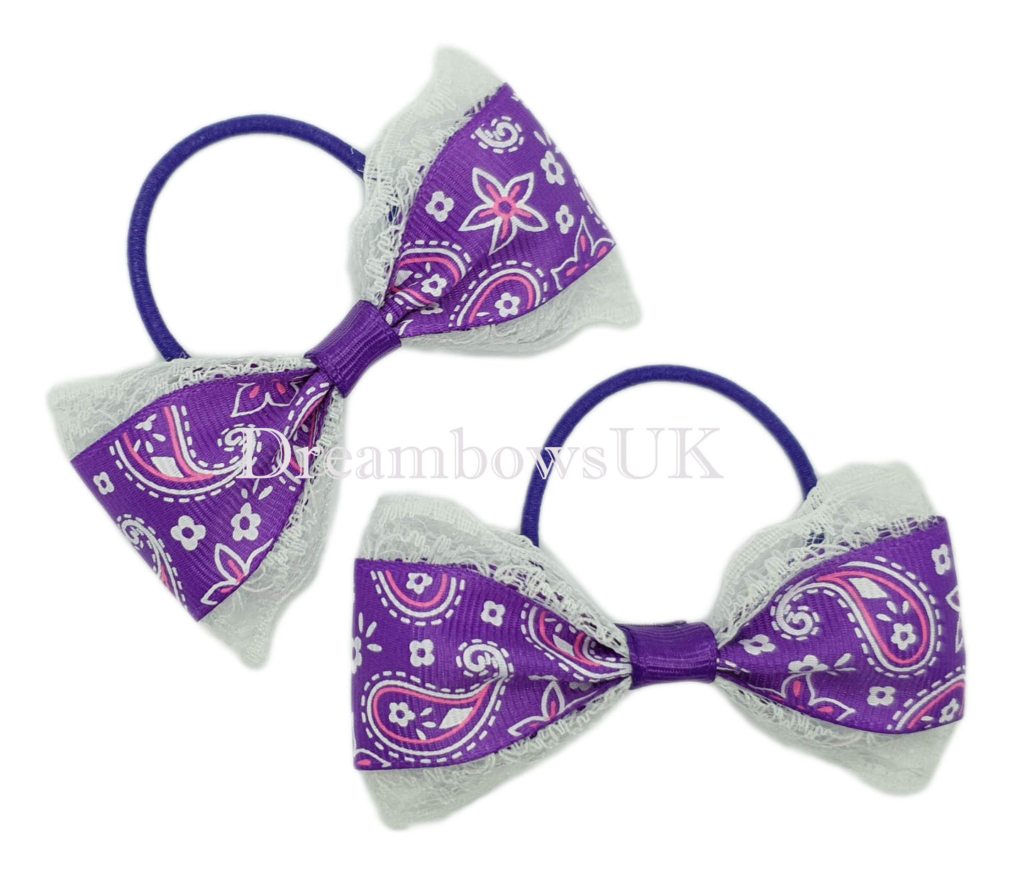 Purple and white hair bows, paisley hair bows, thin bobbles