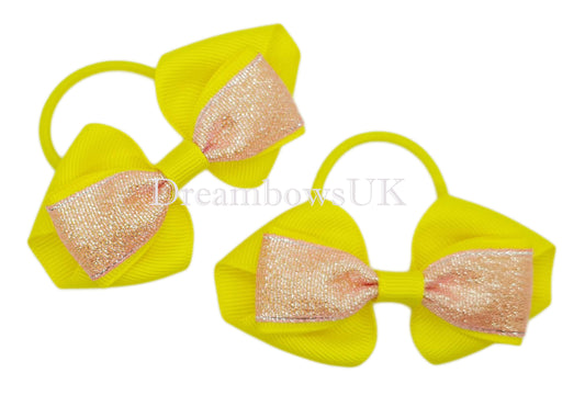 Pink and yellow glitter hair bows, thin hair ties