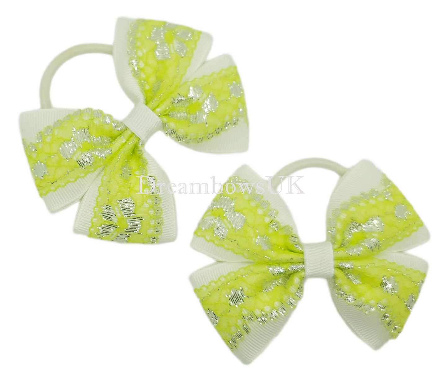 Green and white hair bows, lace hair bows, thin bobbles 