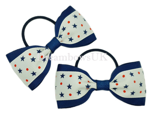 Navy blue and white hair bows, thin hair elastics