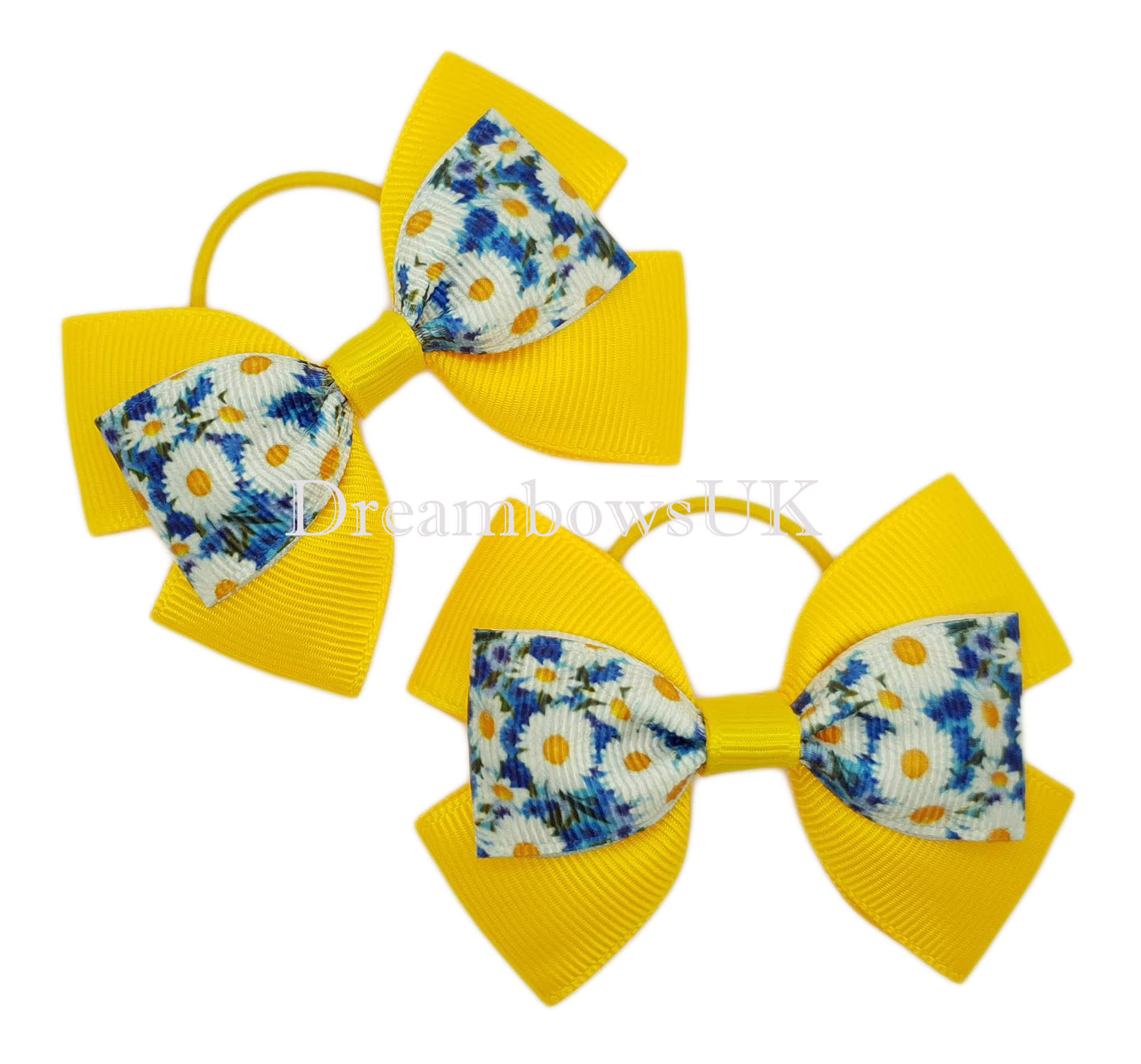 Golden Yellow, White, and Blue Floral Hair Bows on Thin Bobbles