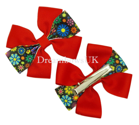 Red floral hair bows, hair slides