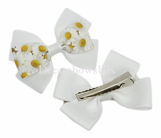 White floral hair bows, alligator clips