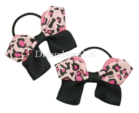 Leopard print hair bows on thin bobbles