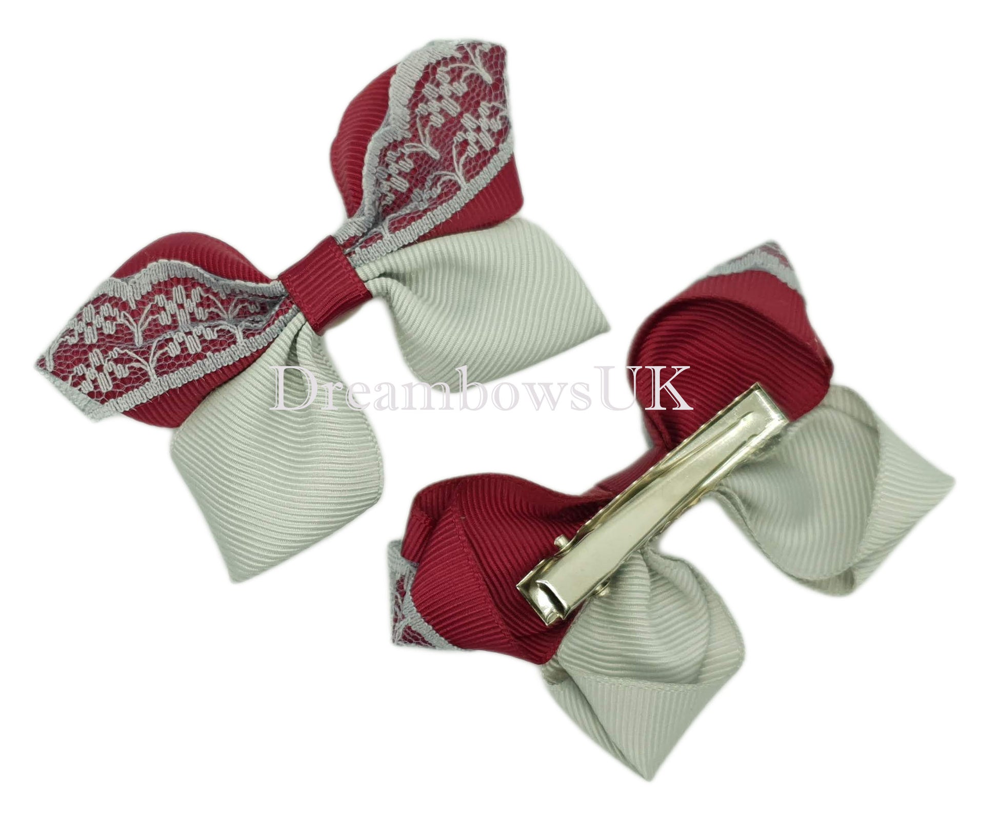 Burgundy and silver hair bows, crocodile clips