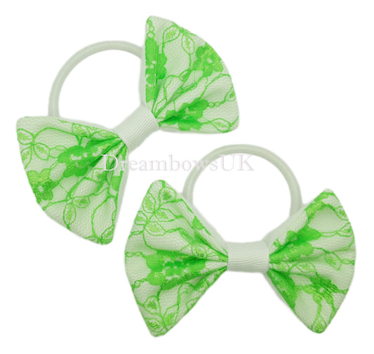 Lime green lace bows, lace hair bobbles