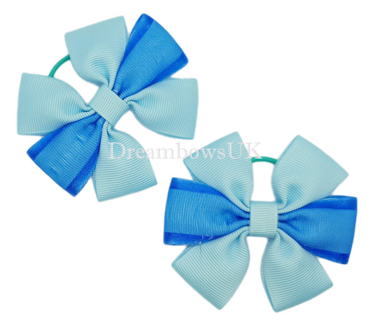 Blue organza hair bows on thin bobbles