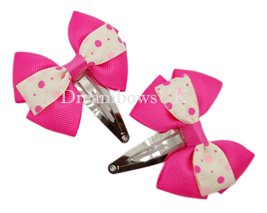 Pink polka dot hair bows on snap clips