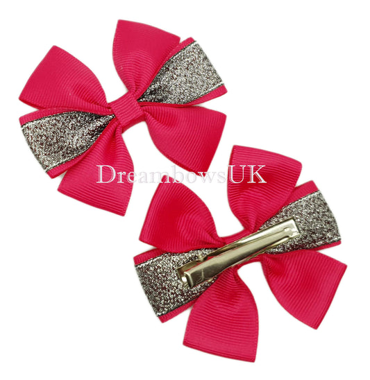 Cerise pink and black glitter hair bows, alligator clips