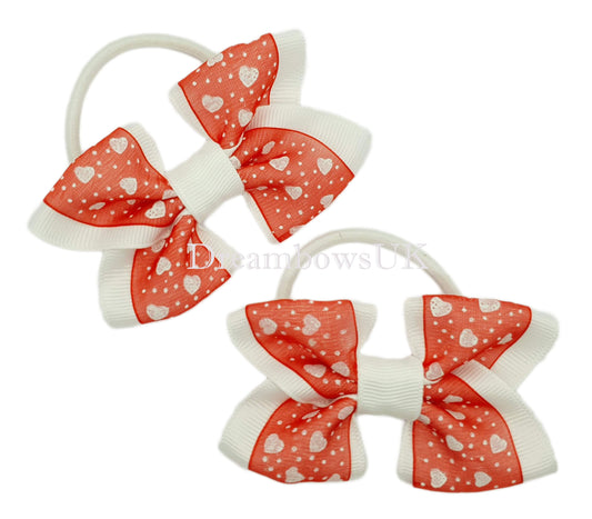 Red and white hearts hair bows on thick bobbles