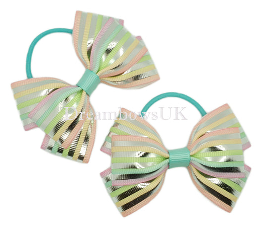 Pastel and Silver Striped Hair Bows on Thin Bobbles - Unique Accessories for Girls