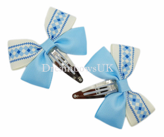 Adorable Baby Blue & Cream Novelty Hair Bows - 6cm x 4cm | Unique Snap Clip Design!