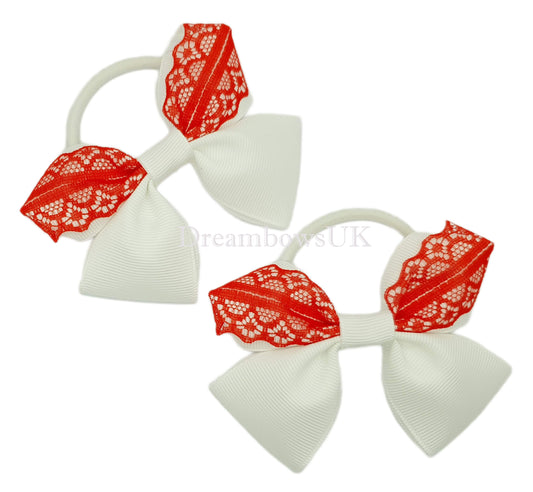 Red and white lace hair bows on thick bobbles