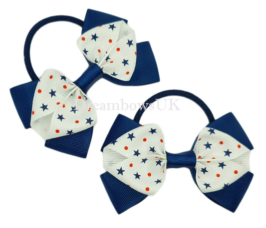 Navy blue and white hair bows on thick bobbles