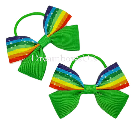 Emerald green and rainbow Striped hair bows, thin hair elastics
