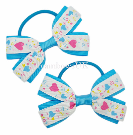 Turwuoise hearts design hair bows, thick bobbles