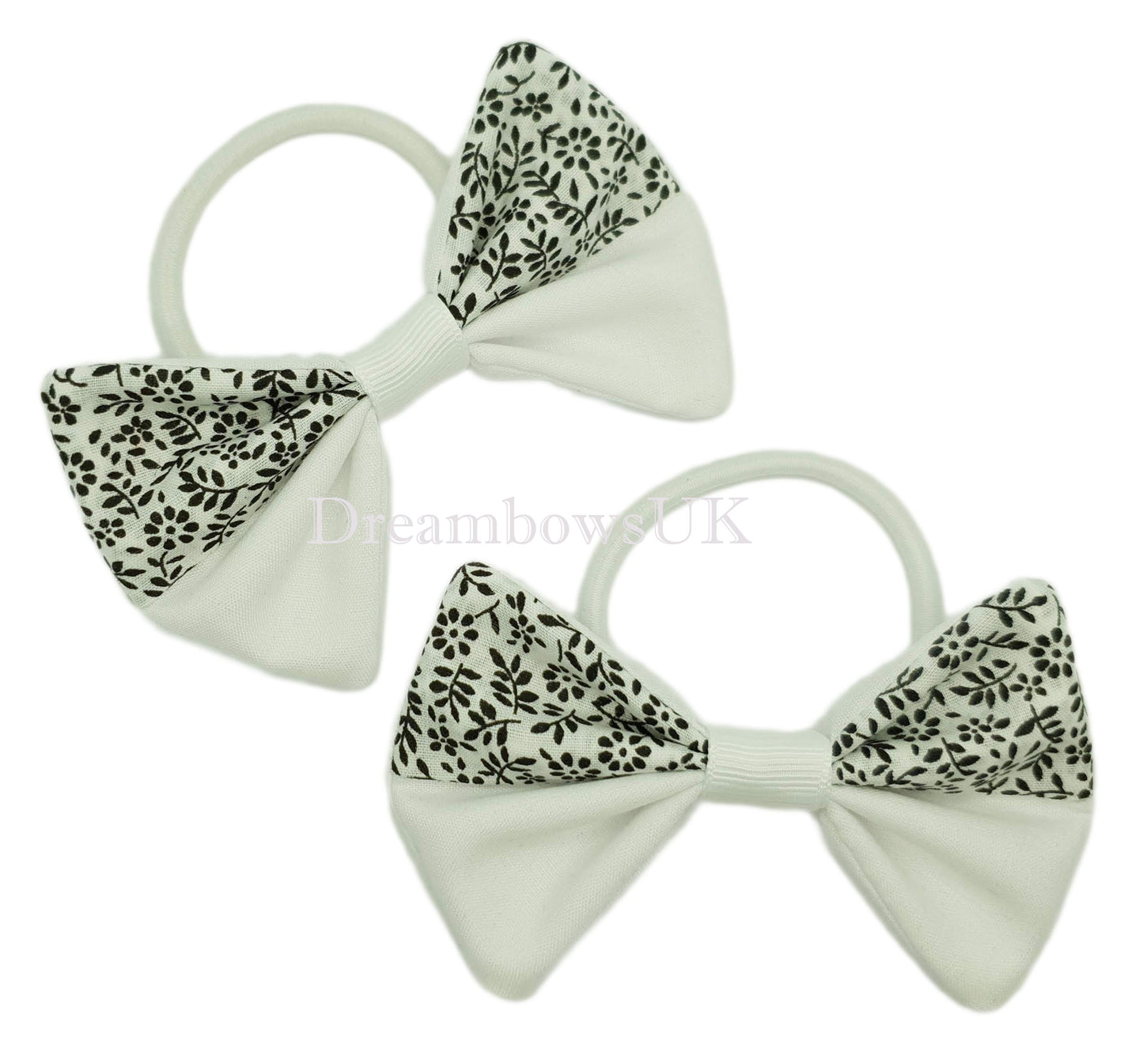 White and Black Floral Hair Bows on Thick Bobbles