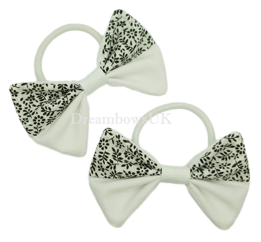 White and Black Floral Hair Bows on Thick Bobbles
