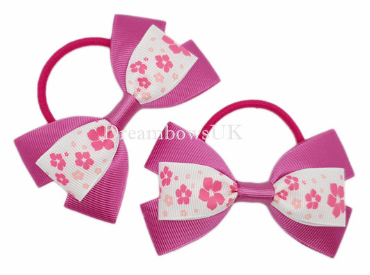 Elegant Cerise Pink and White Floral Hair Bows – Thick bobbles
