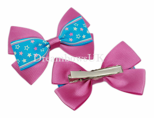 Pink and turquoise hair bows on alligator clips