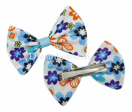 Funky Floral Fabric Hair Bows on Alligator Clips – Pair (7cm x 5cm)