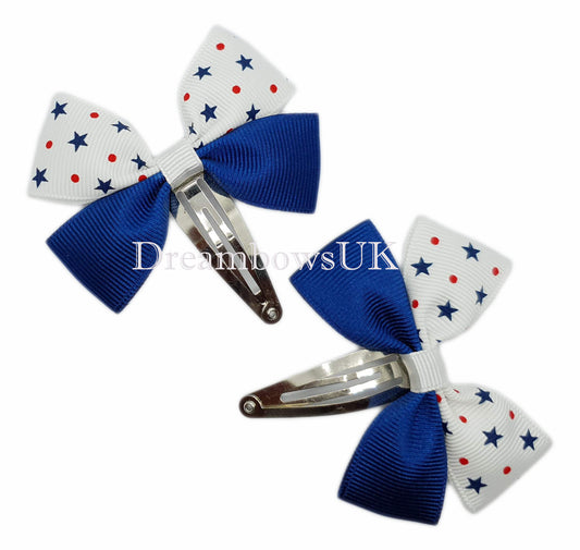 Navy blue and white hair bows, snap clips