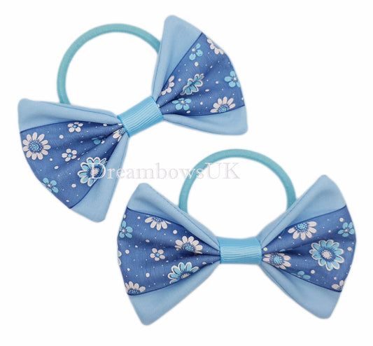 Baby blue floral hair bows on thick bobbles